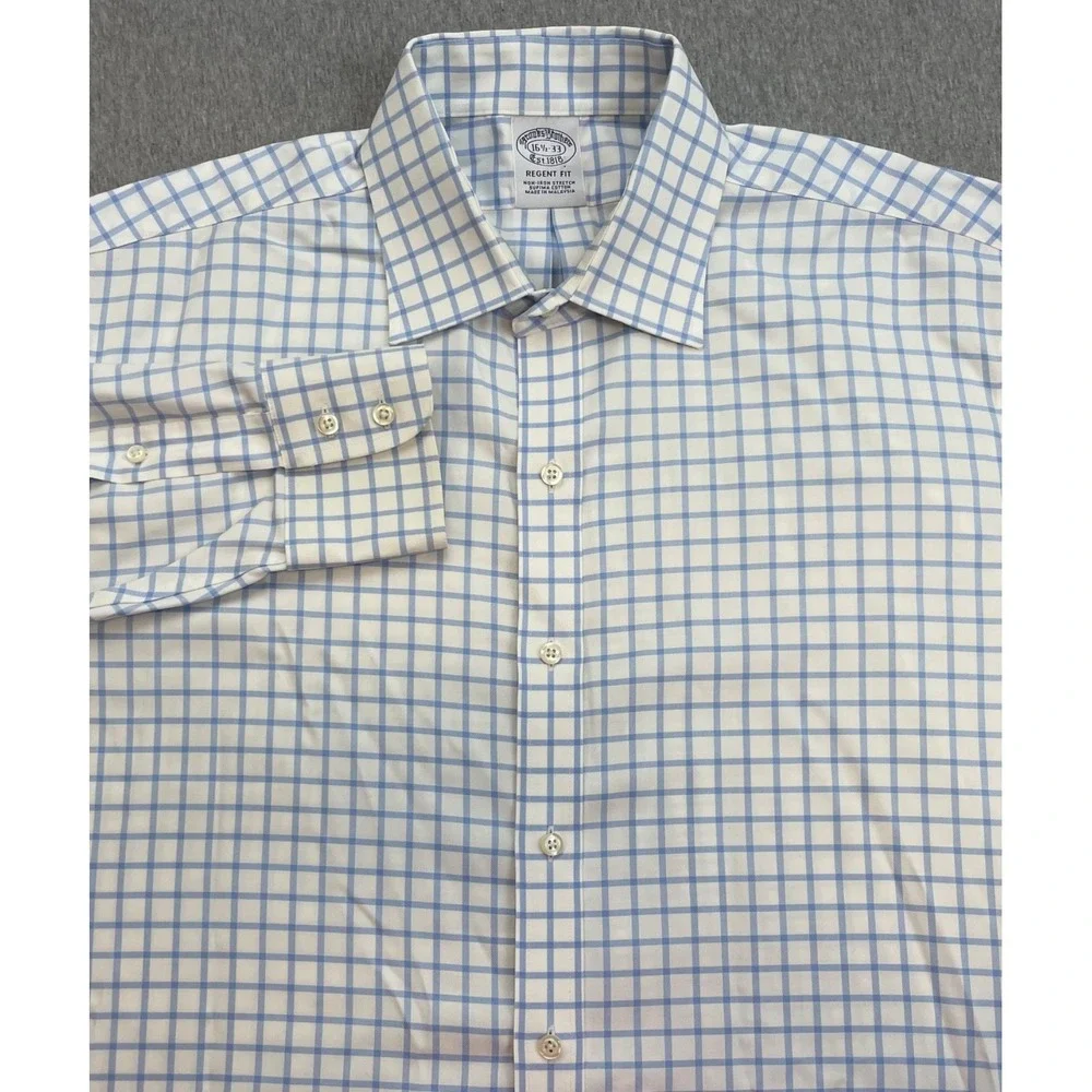 Brooks Brothers Shirt Mens 16.5-33 Check 100% Supima Cotton Regent Fit Button Up